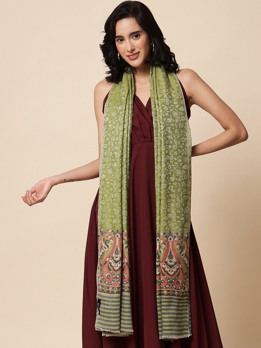 

Pashtush Women Paisley Woven Design Wool Shawl, Green