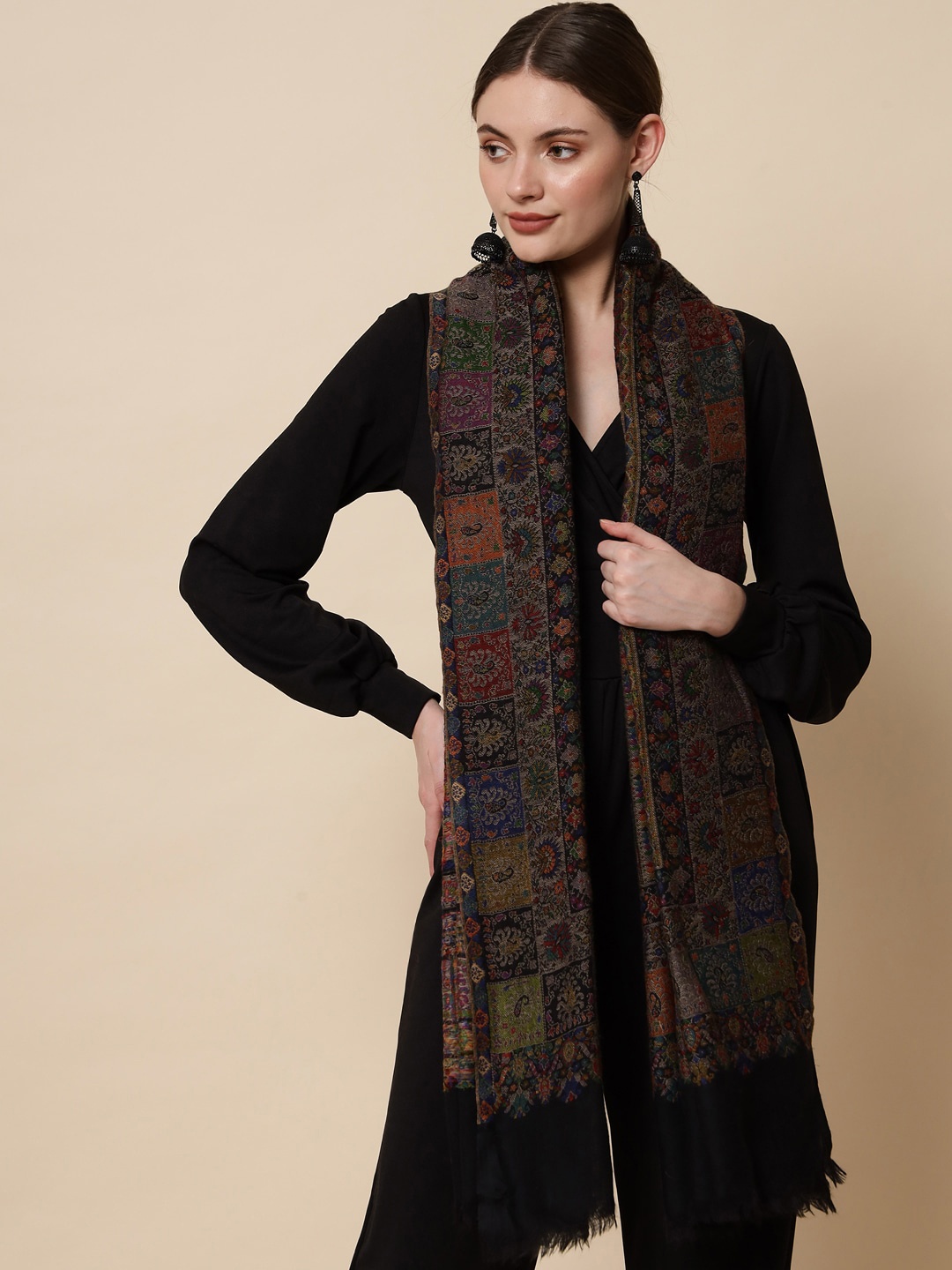 

Pashtush Women Abstract Woven Design Wool Shawl, Charcoal