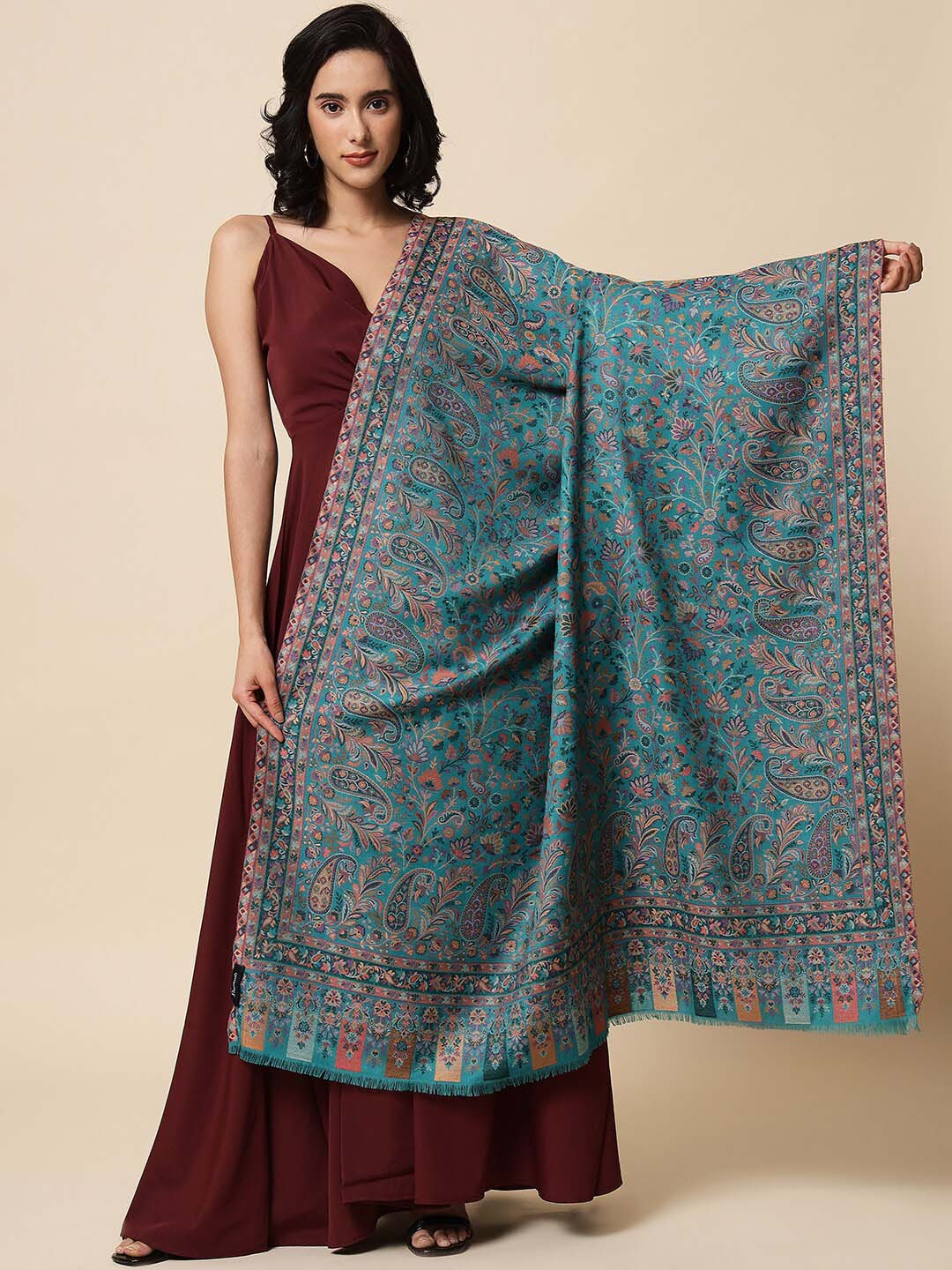 

Pashtush Women Floral Woven Design Woolen Shawl, Blue
