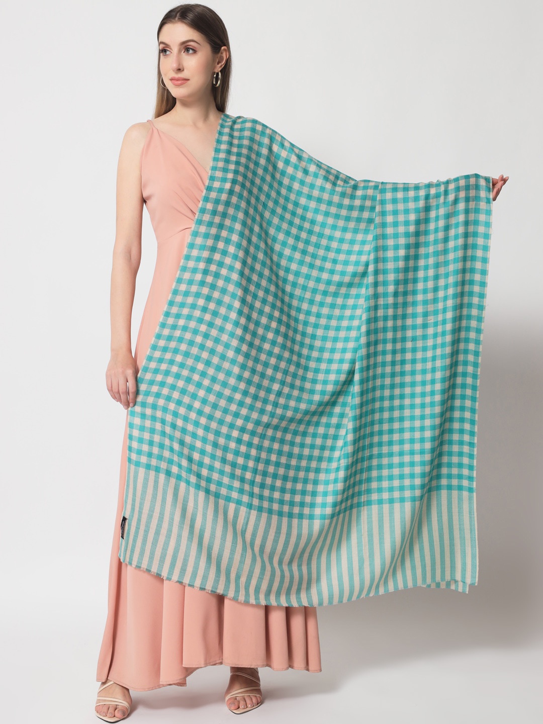 

Pashtush Checked Printed Woolen Shawl, Blue