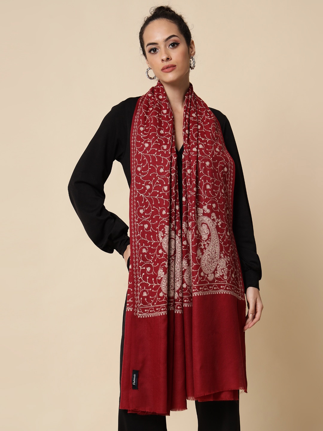 

Pashtush Floral Embroidered Woolen Shawl, Maroon