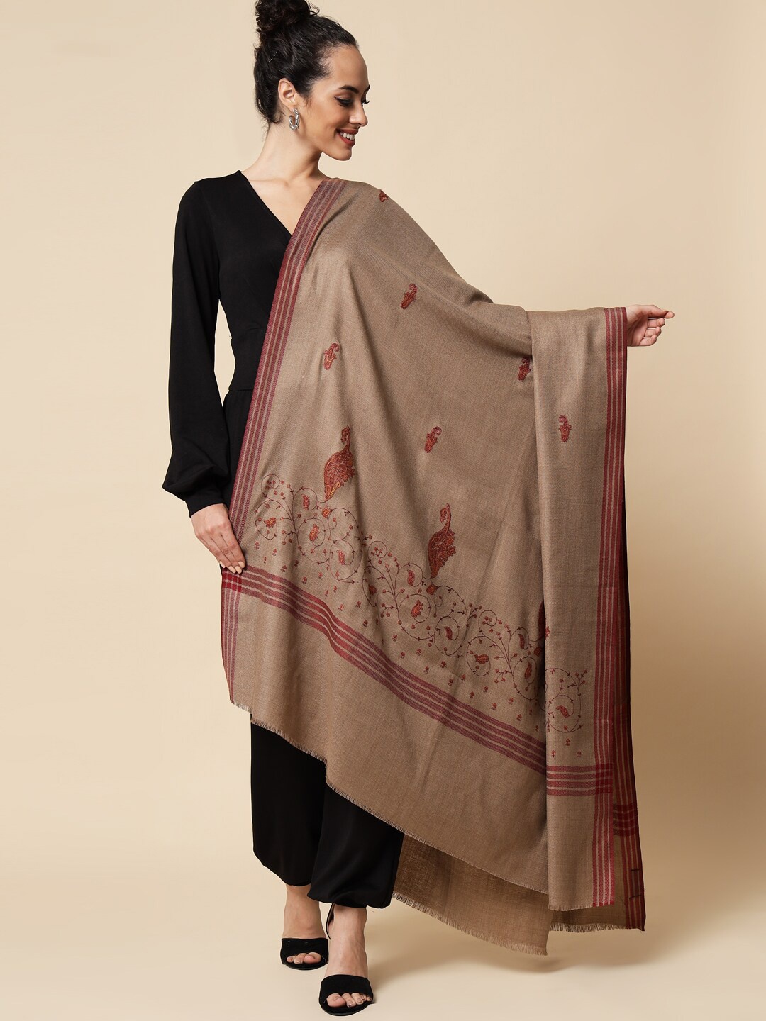 

Pashtush Women Floral Embroidered Woolen Shawl, Brown