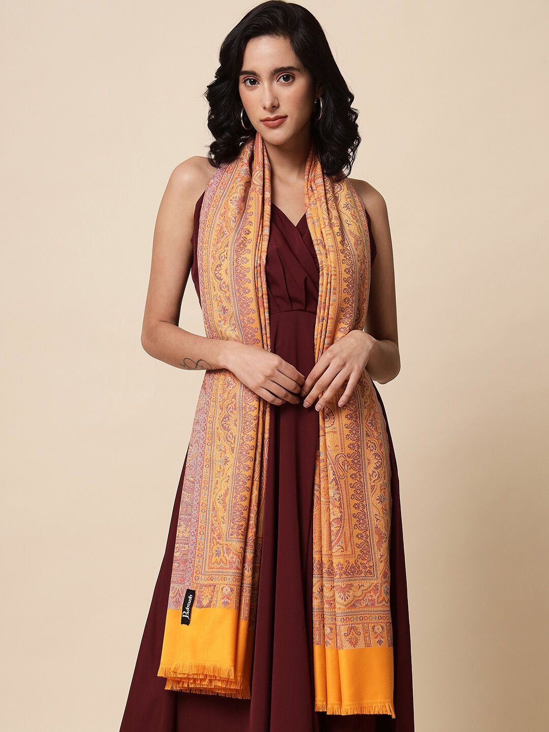 

Pashtush Women Abstract Woven Design Wool Shawl, Mustard