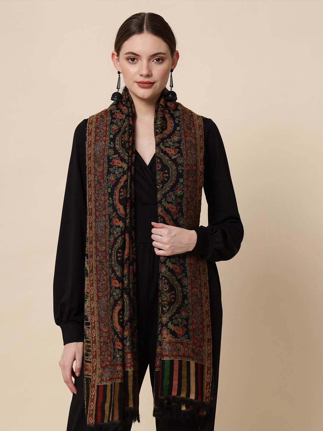 

Pashtush Women Ethnic Motifs Woven-Design Woolen Shawl, Black