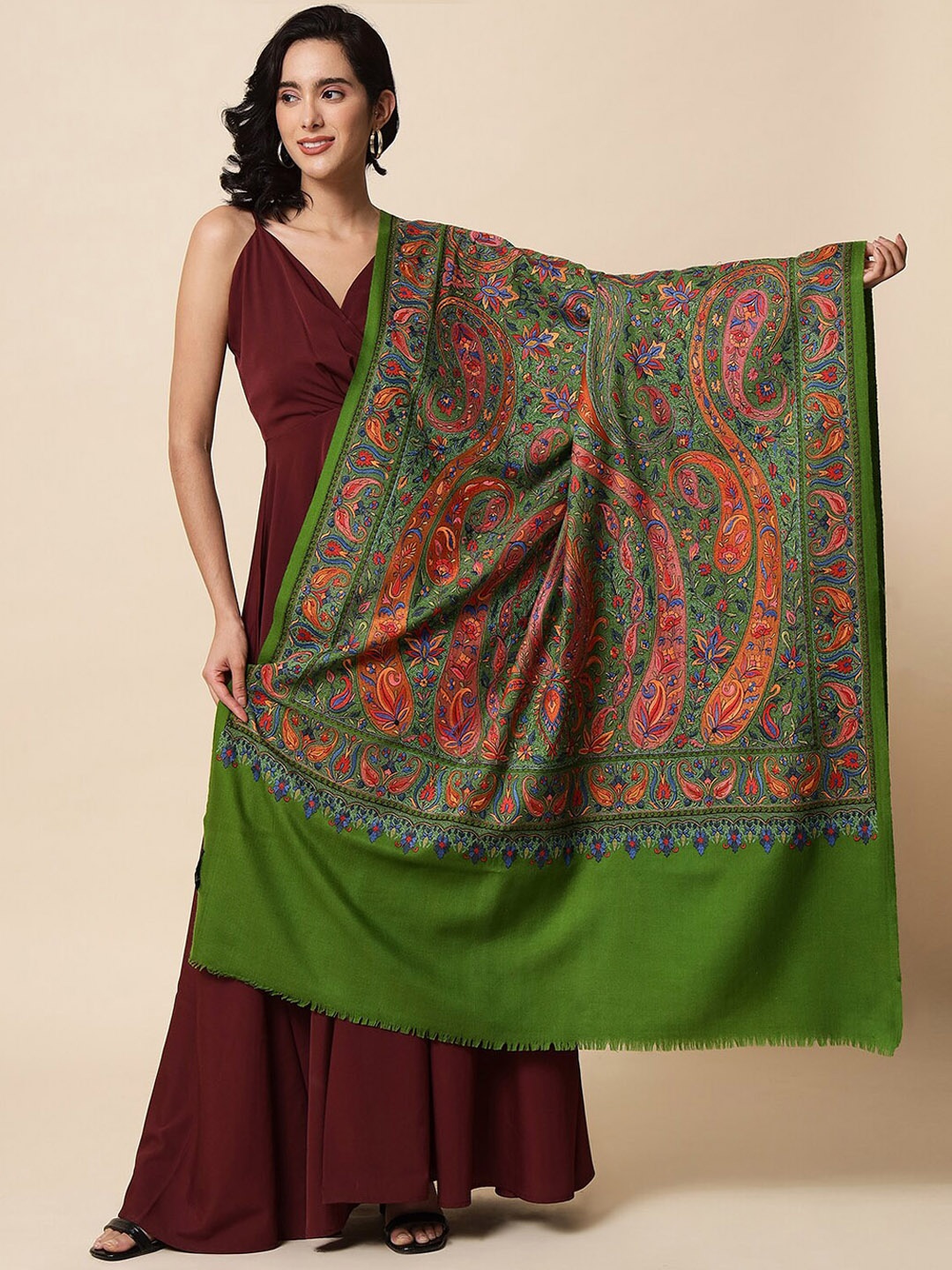 

Pashtush Women Paisley Embroidered Wool Shawl, Green