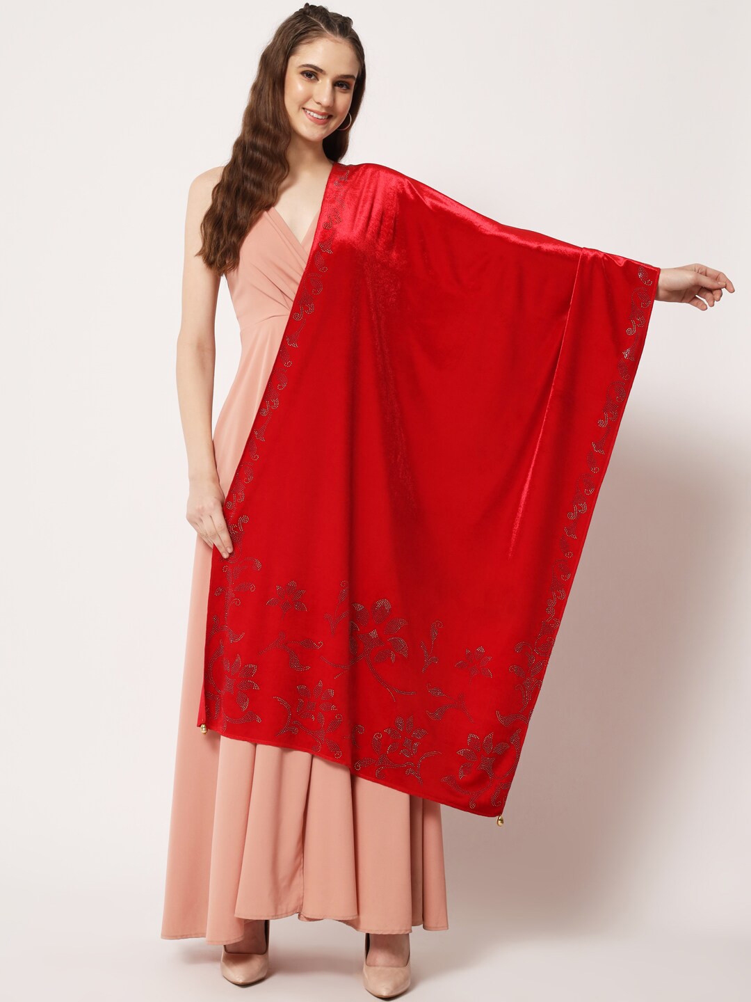

Pashtush Women Embroidered Velvet Stole, Red