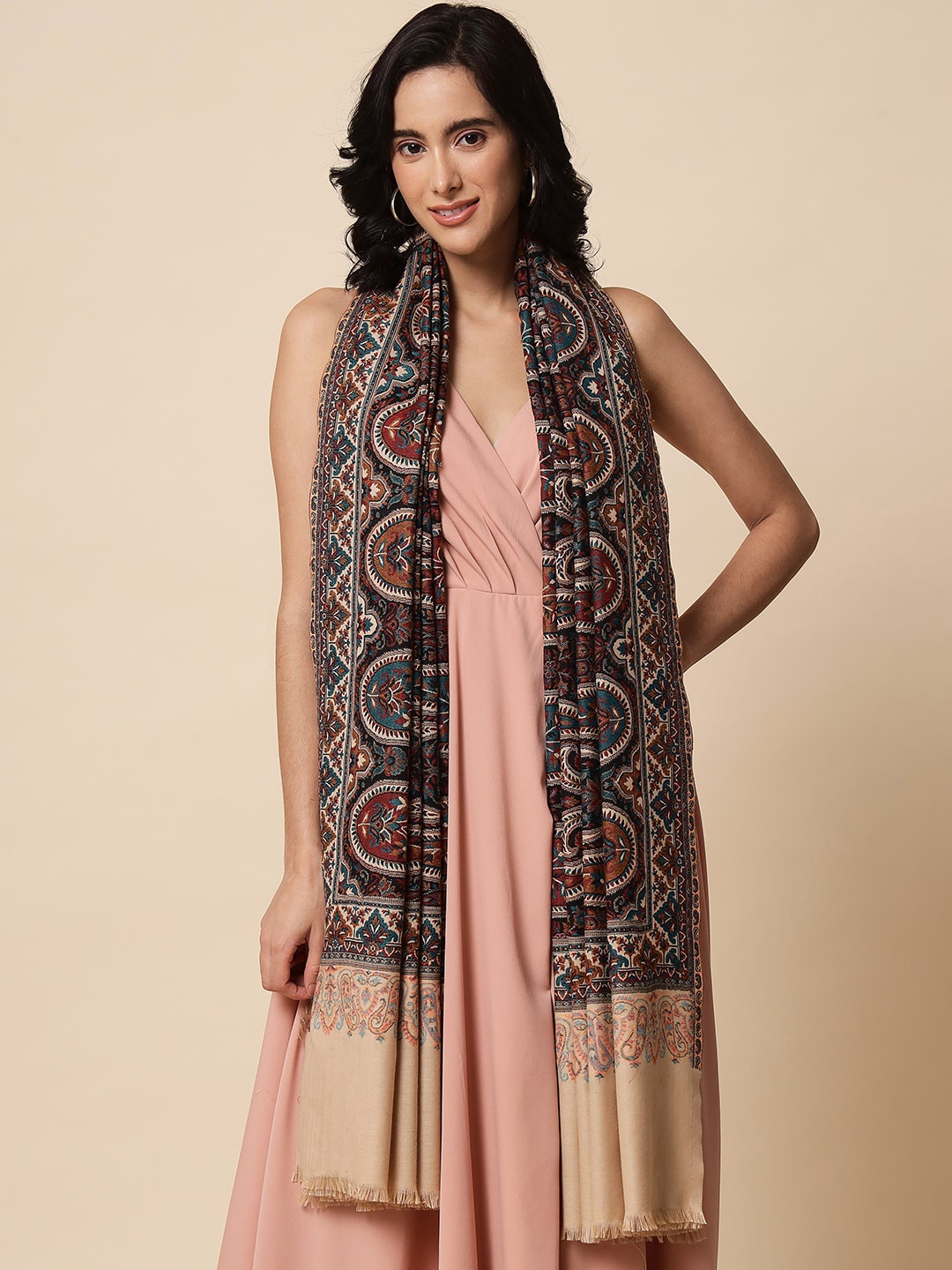 

Pashtush Women Paisley Woven Design Wool Shawl, Black