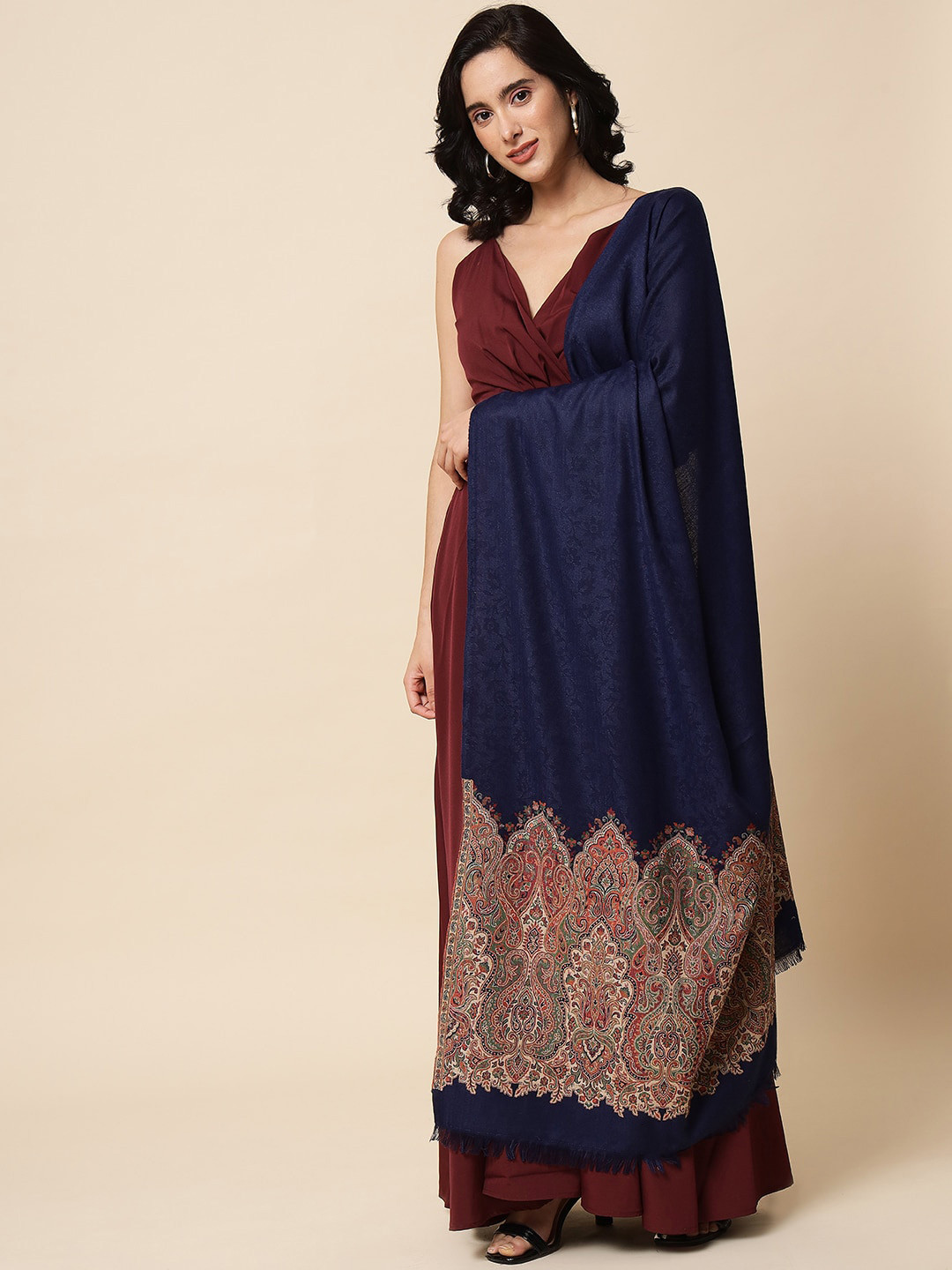 

Pashtush Women Ethnic Motifs Woven Design Shawl, Navy blue
