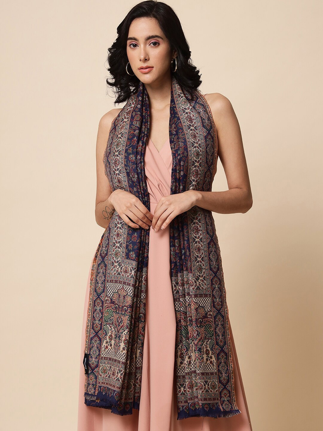 

Pashtush Women Floral Woven-Design Wool Shawl, Blue