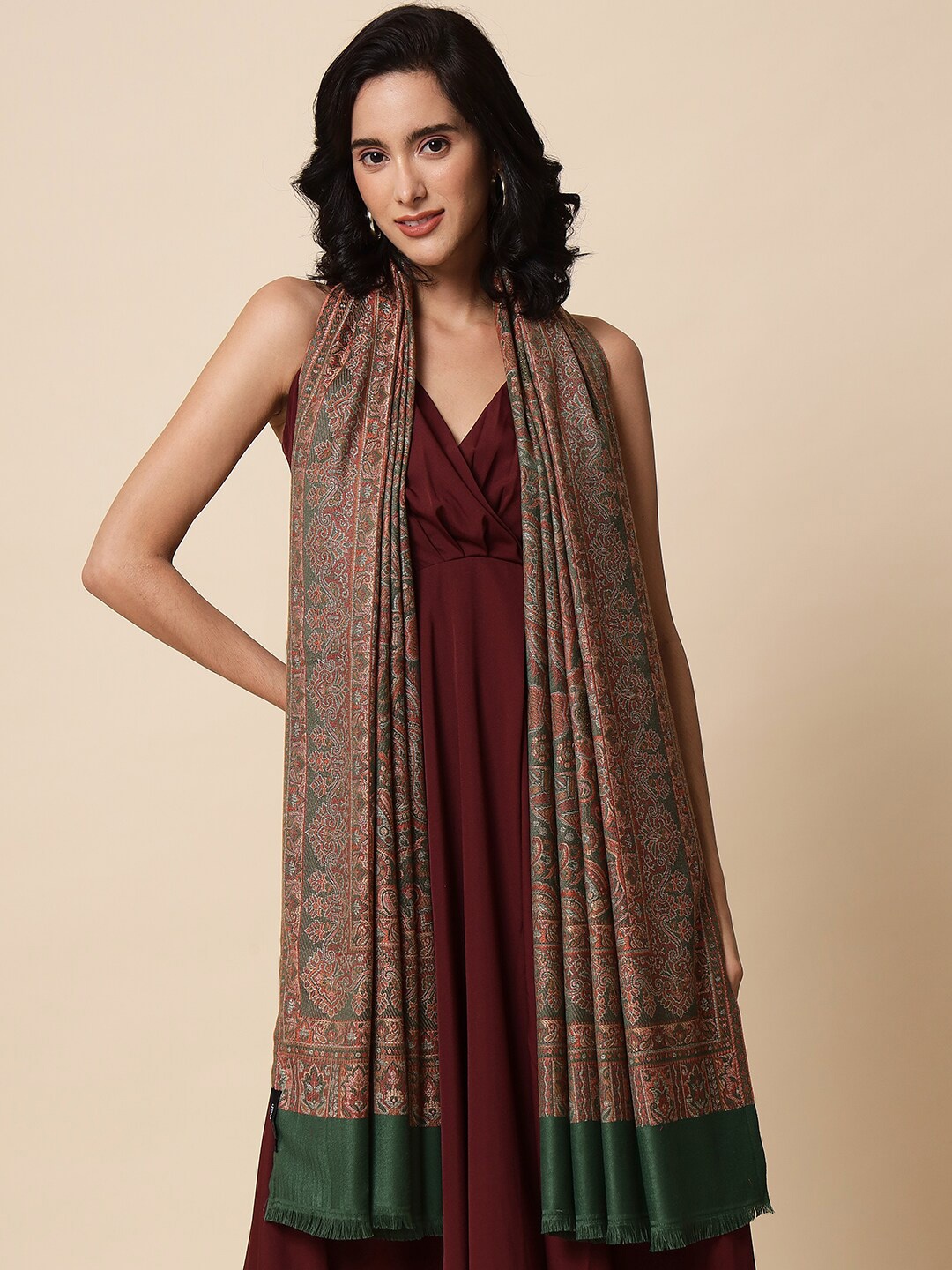 

Pashtush Women Paisley Woven Design Wool Shawl, Green