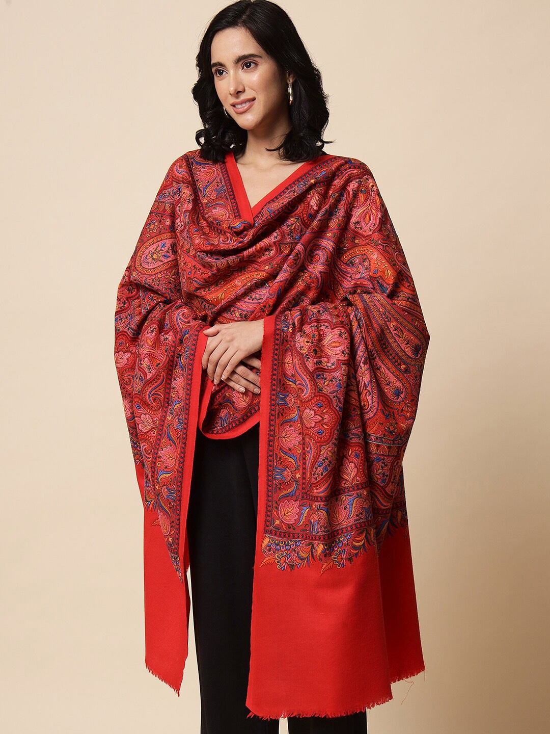 

Pashtush Women Ethnic Motifs Woven Design Woolen Shawl, Red