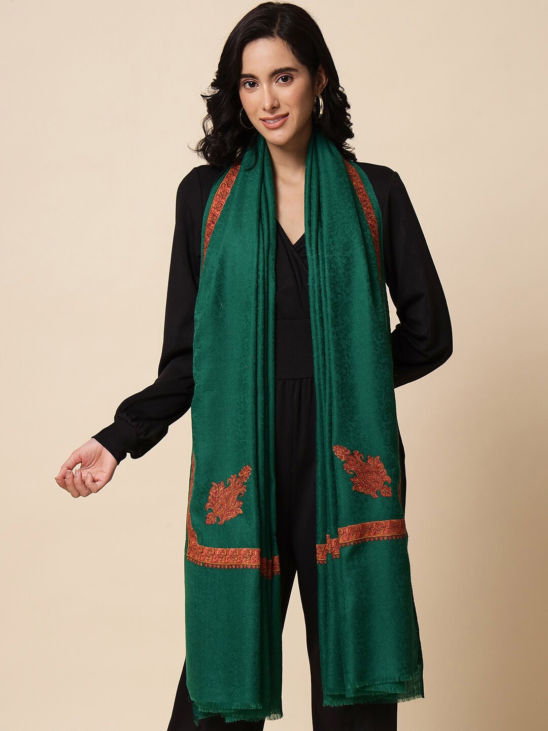 

Pashtush Women Paisley Embroidered Wool Shawl, Green