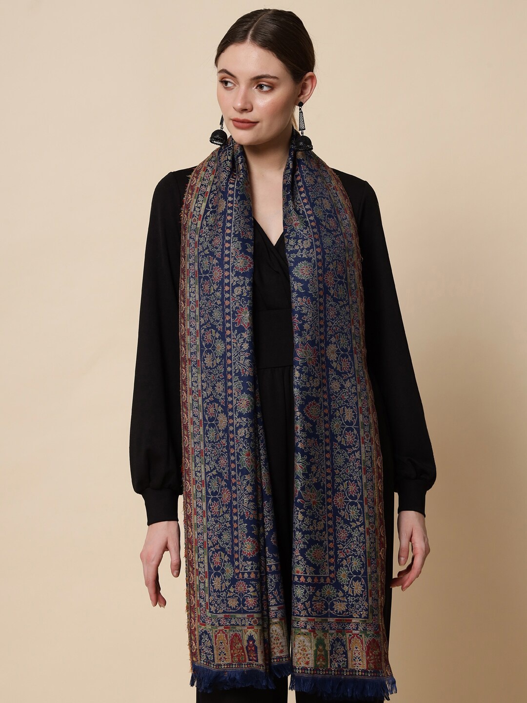 

Pashtush Ethnic Motifs Woven-Design Wool Shawl, Navy blue