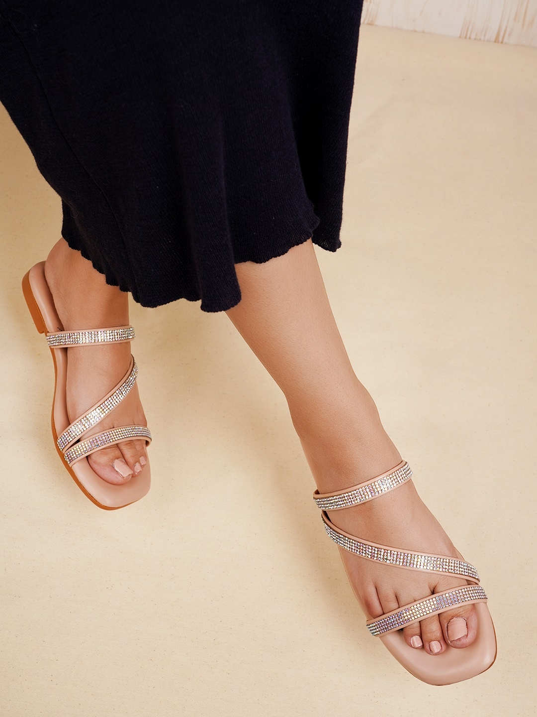 

DressBerry Pink And Silver-Toned Embellished Open Toe Flats