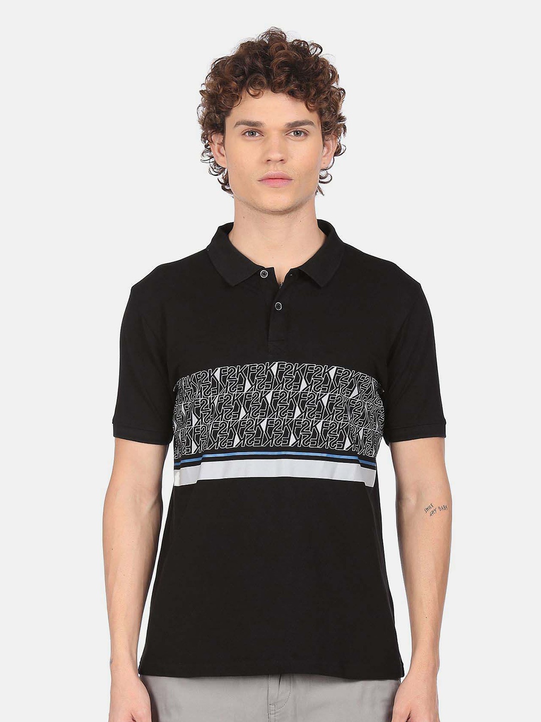 

Flying Machine Typography Printed Polo Collar Cotton T-Shirt, Black