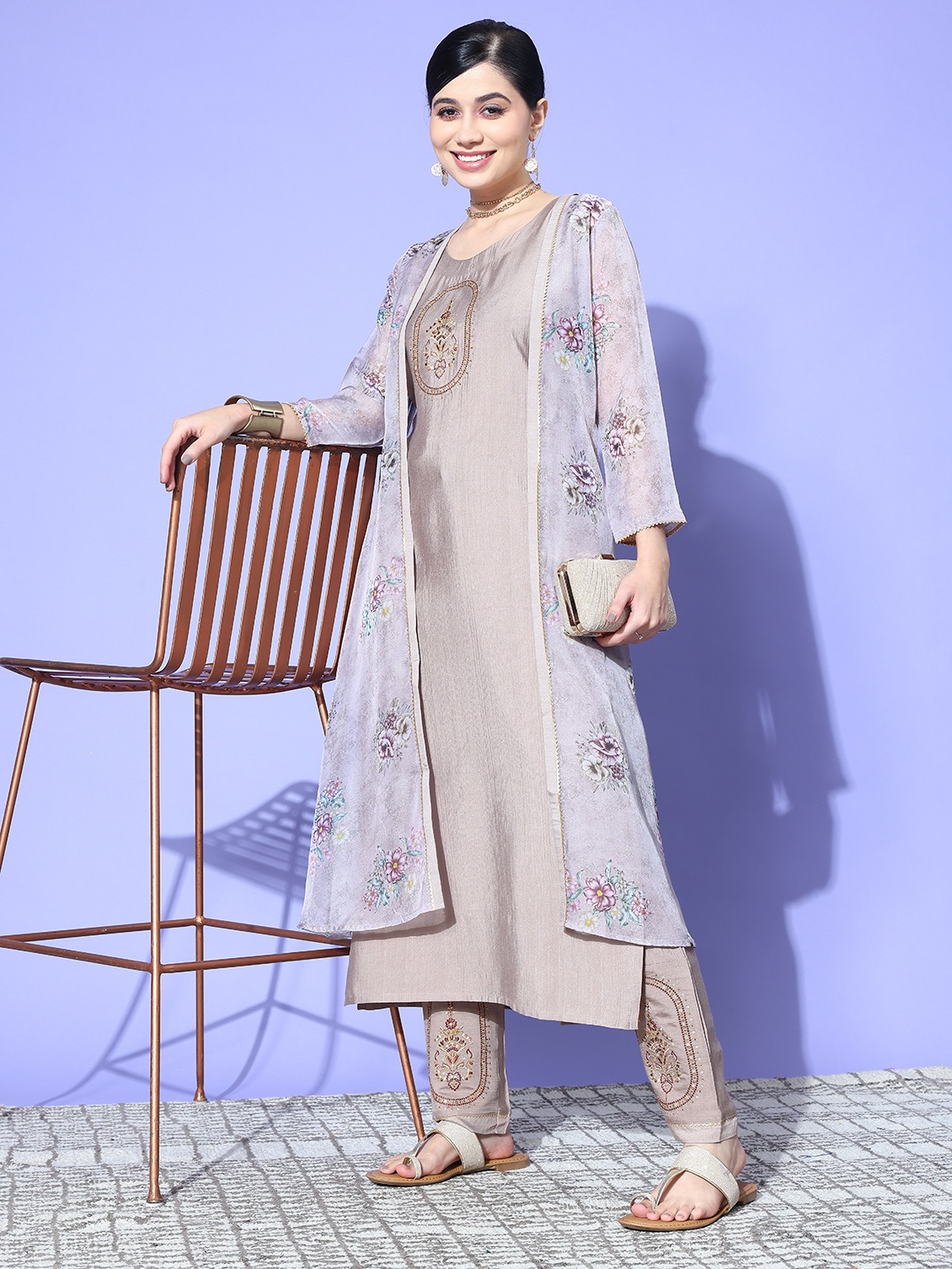 

SheWill Embroidered Regular Sequinned Kurta with Trousers with Shrug, Beige