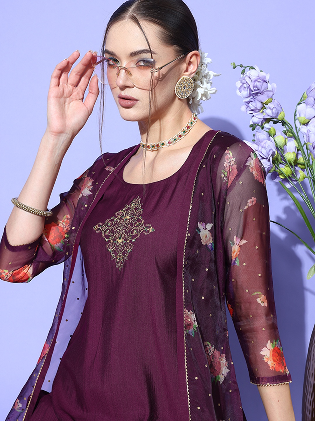 

SheWill Floral Embroidered Regular Sequinned Kurta with Trousers, Purple