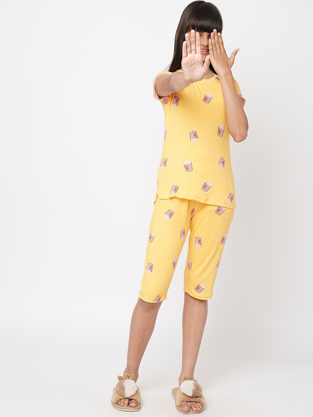 

Sweet Dreams Girls Mustard & White Conversational Printed Pure Cotton Night Suit