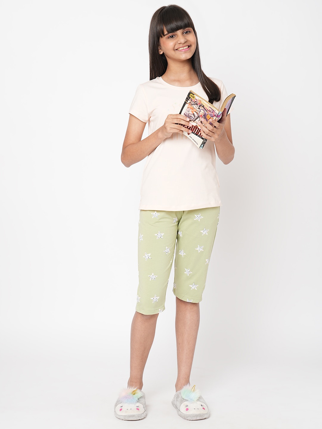 

Sweet Dreams Girls Peach-Coloured & Green Conversational Printed Night Suit