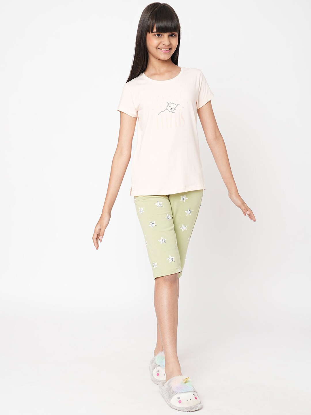 

Sweet Dreams Girls Peach-Coloured & Green Conversational Printed Night Suit