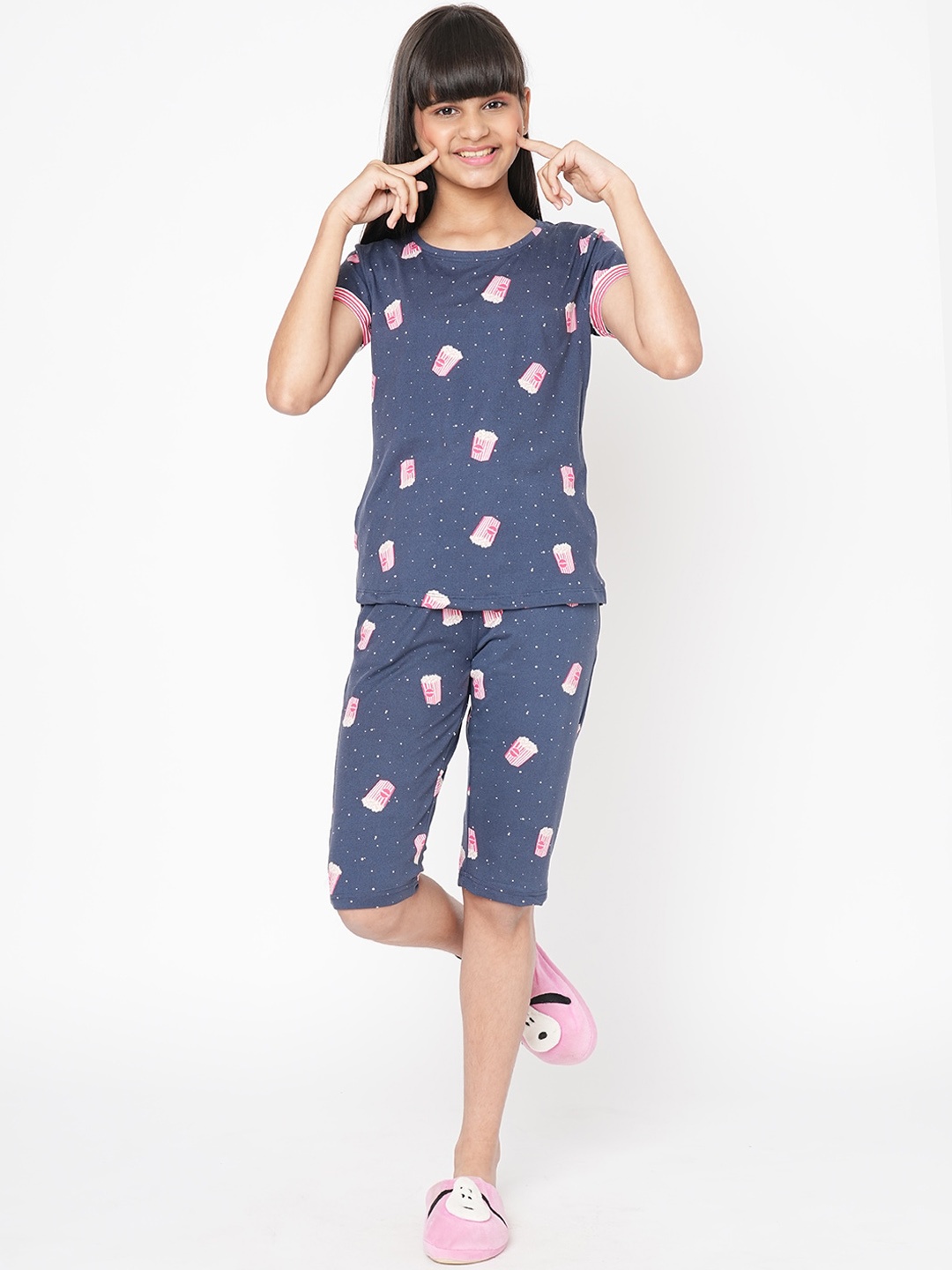 

Sweet Dreams Girls Navy Blue & White Conversational Printed Pure Cotton Night Suit