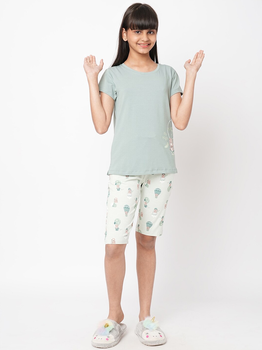 

Sweet Dreams Girls Green & White Conversational Printed Night Suit