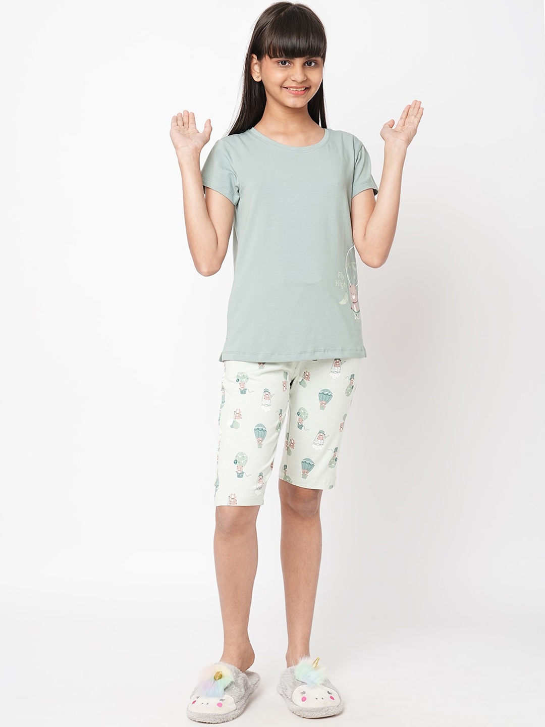 

Sweet Dreams Girls Green & White Conversational Printed Night Suit