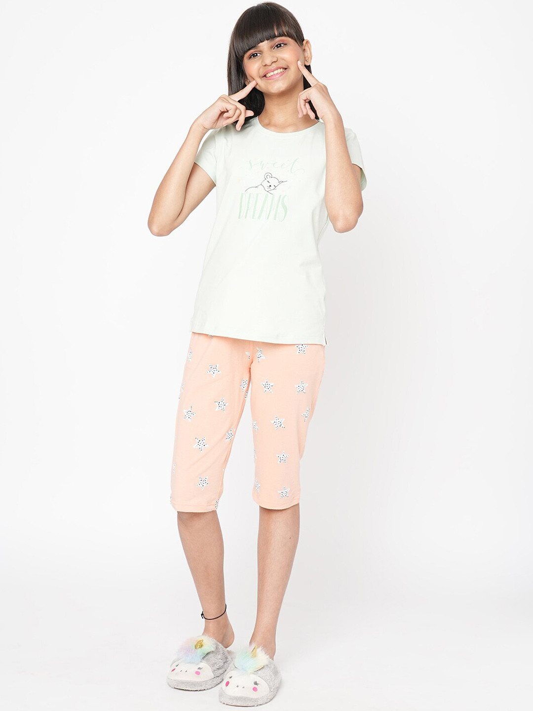 

Sweet Dreams Girls Blue & Pink Conversational Printed Night Suit