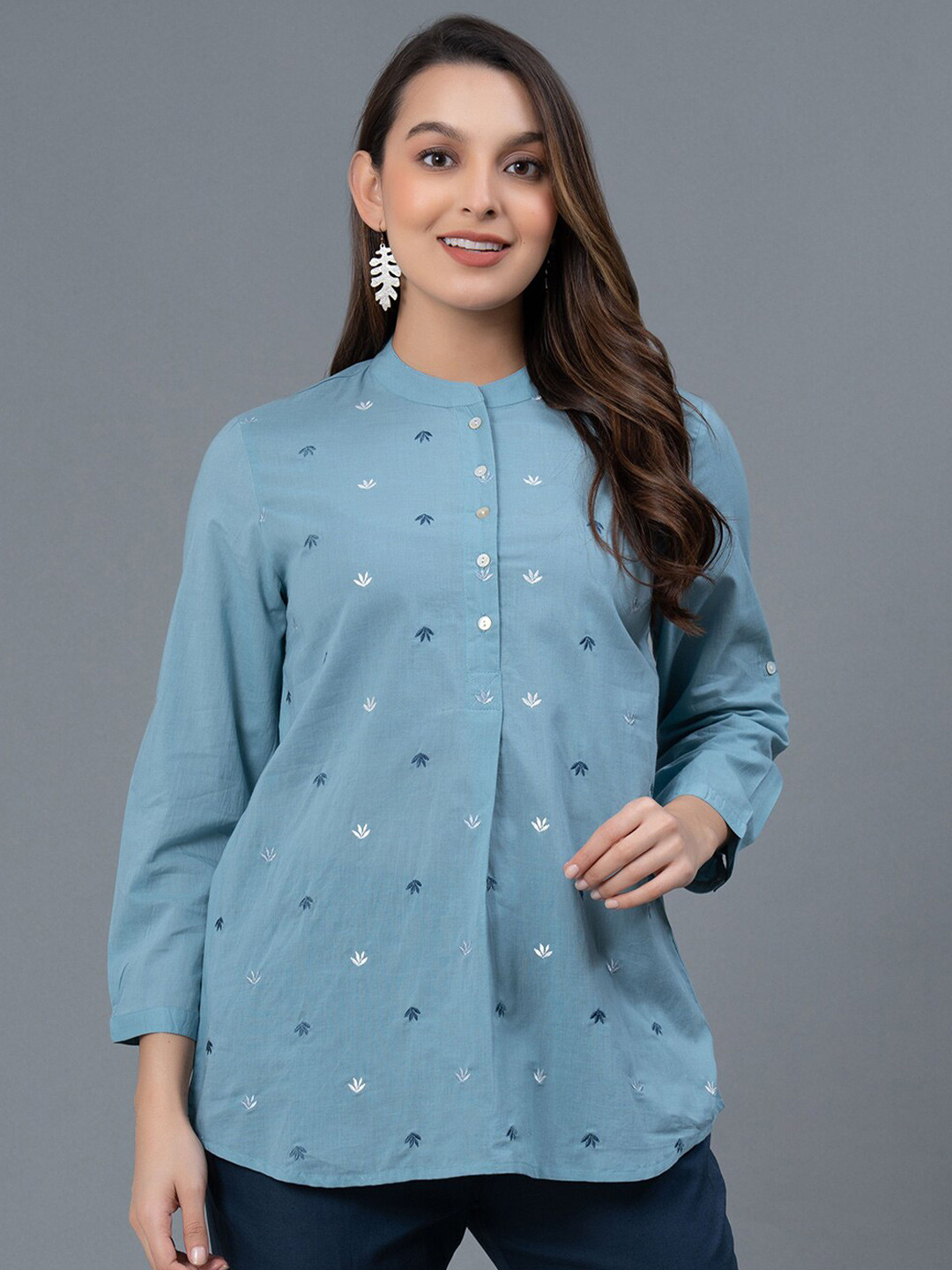 

Mode by Red Tape Embroidered Mandarin Collar Cotton A-Line Top, Blue