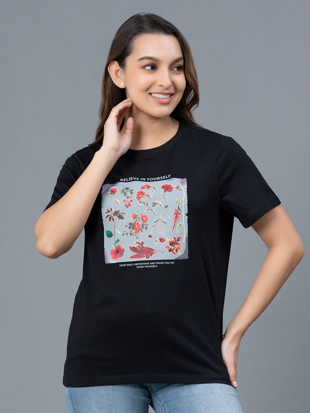 

Mode by Red Tape Floral Printed Round Neck Pure Cotton T-shirt, Black