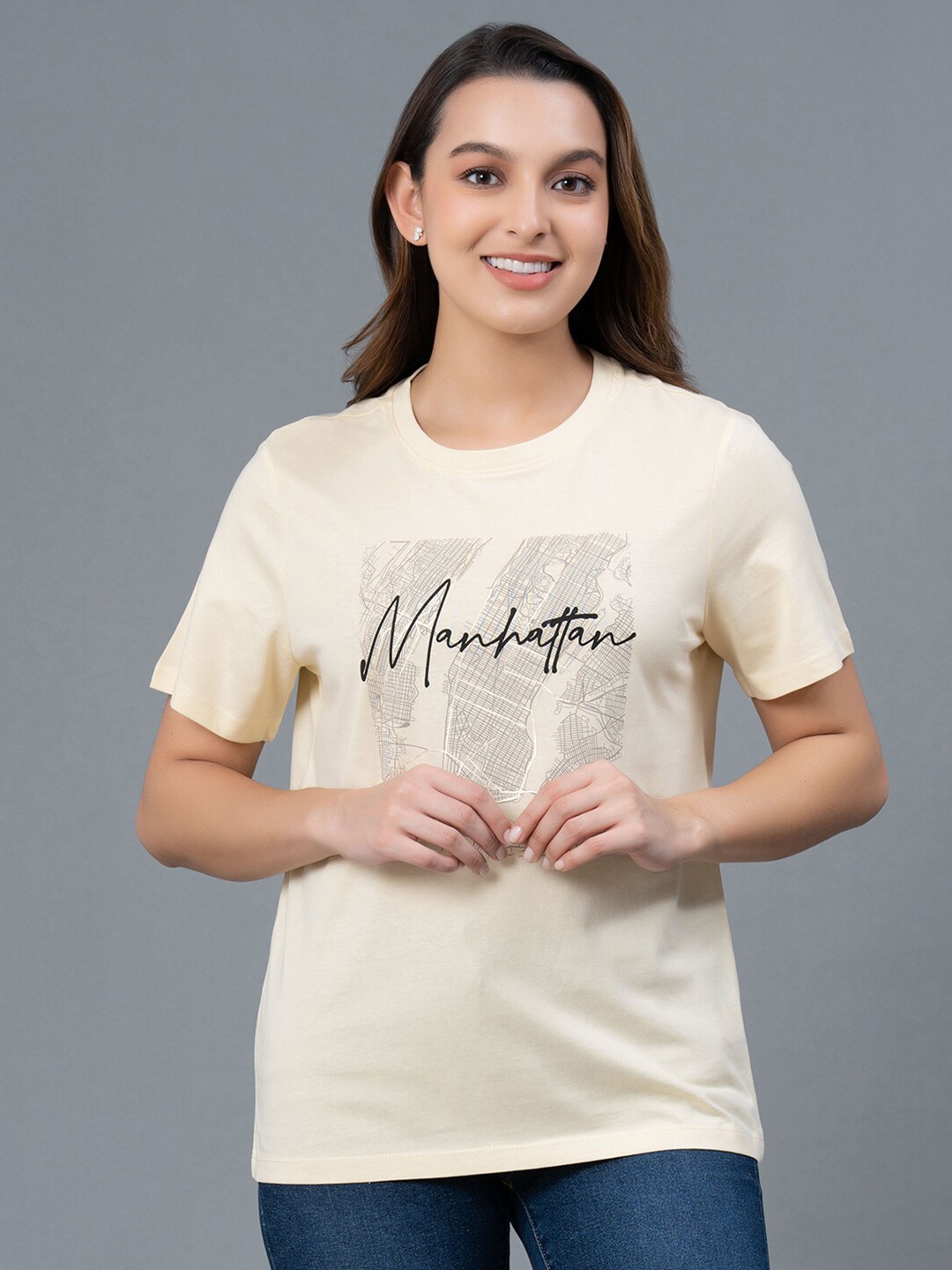 

Mode by Red Tape Typography Printed Pure Cotton T-Shirt, Cream