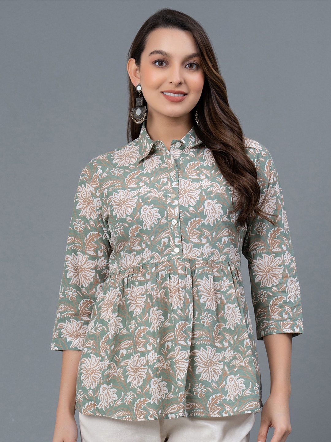 

Mode by Red Tape Floral Printed Pure Cotton Peplum Top, Green