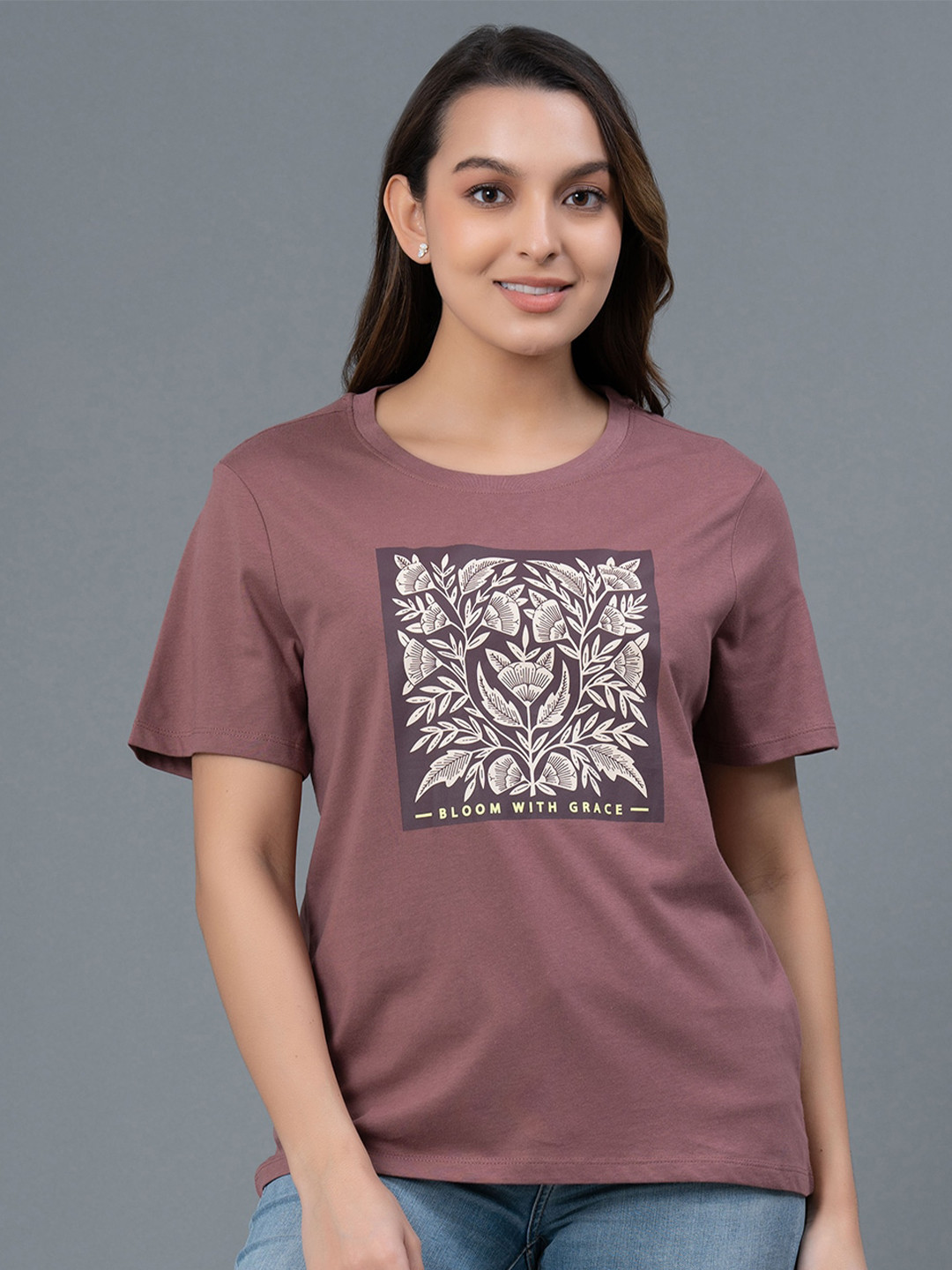 

Mode by Red Tape Floral Printed Pure Cotton T-Shirt, Mauve