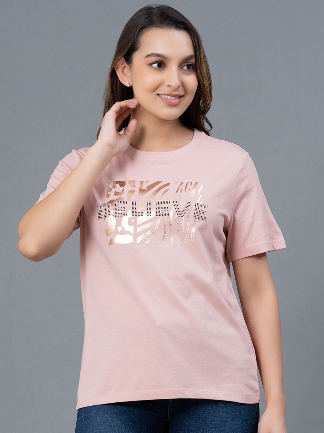 

Mode by Red Tape Typography Embellished Pure Cotton T-Shirt, Peach