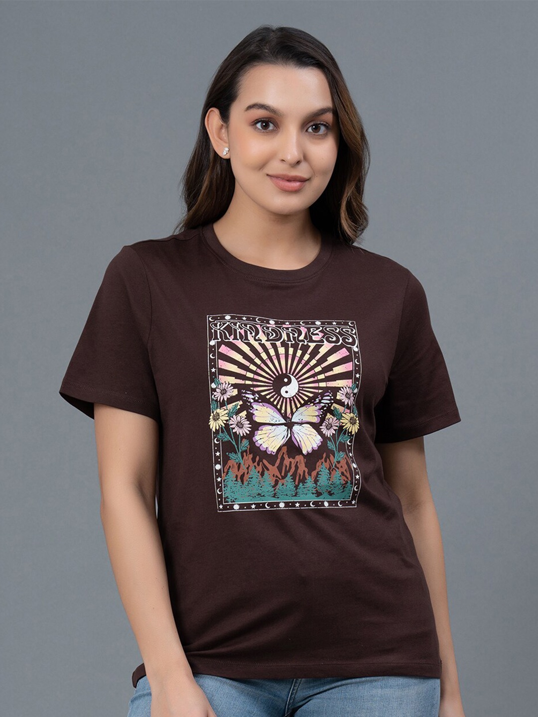 

Mode by Red Tape Graphic Printed Round Neck Pure Cotton T-shirt, Brown