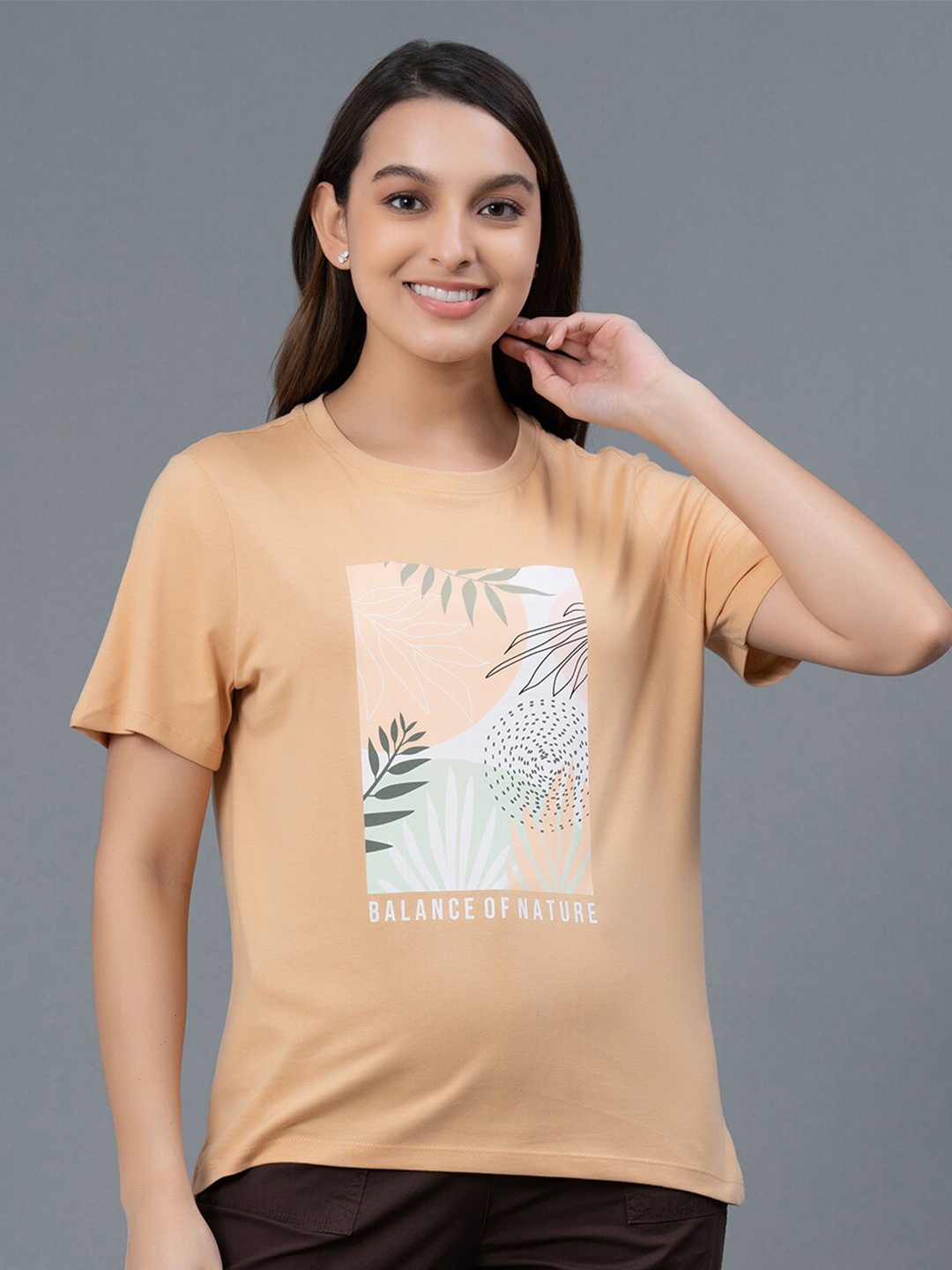

Mode by Red Tape Tropical Printed Round Neck Pure Cotton T-shirt, Beige