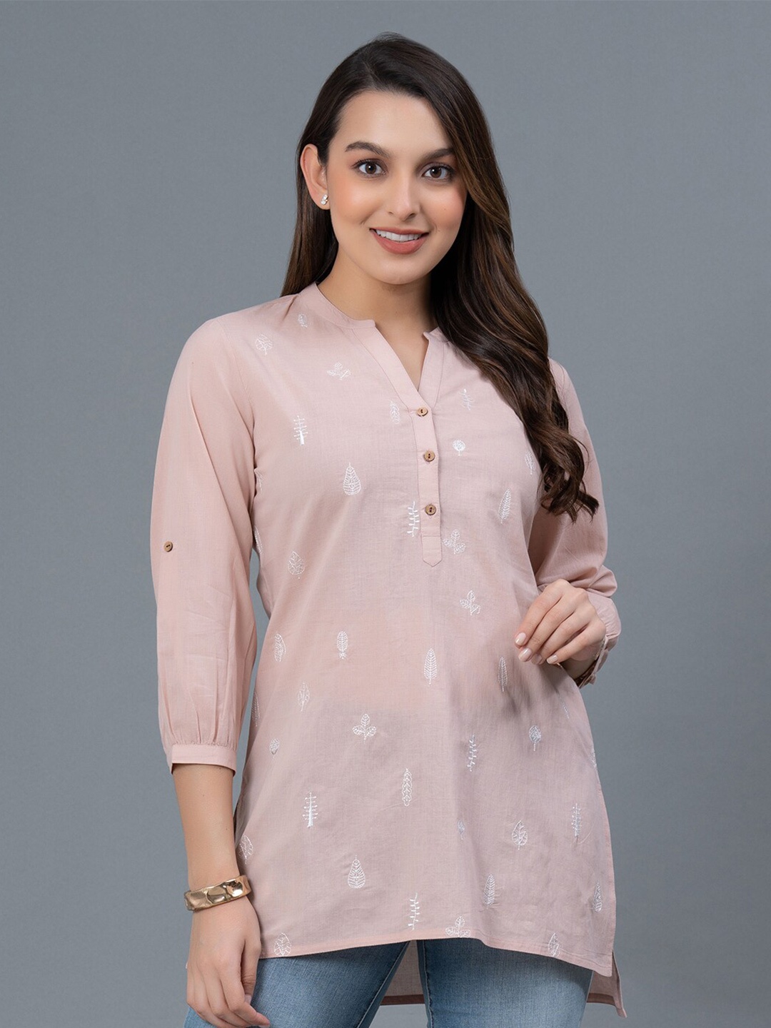 Mode by Red Tape Embroidered Mandarin Collar Roll-Up Sleeves Cotton Tunics, Pink