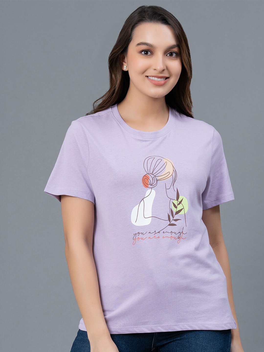 

Mode by Red Tape Graphic Printed Round Neck Pure Cotton T-shirt, Lavender