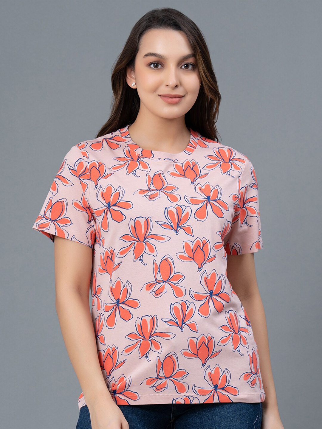 

Mode by Red Tape Floral Printed Round Neck Pure Cotton T-shirt, Pink