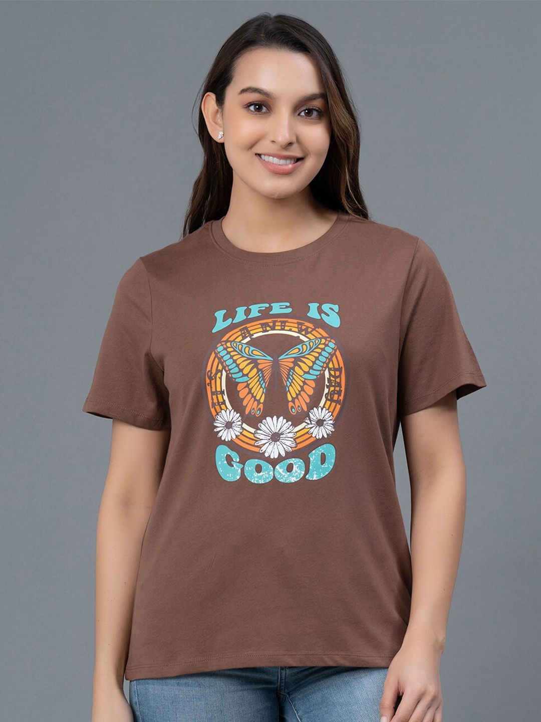 

Mode by Red Tape Graphic Printed Round Neck Pure Cotton T-shirt, Brown