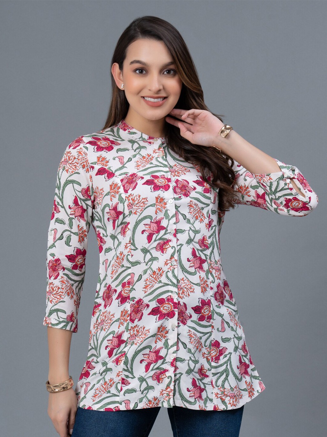 

Mode by Red Tape White & Pink Floral Printed Longline Shirt Style Top