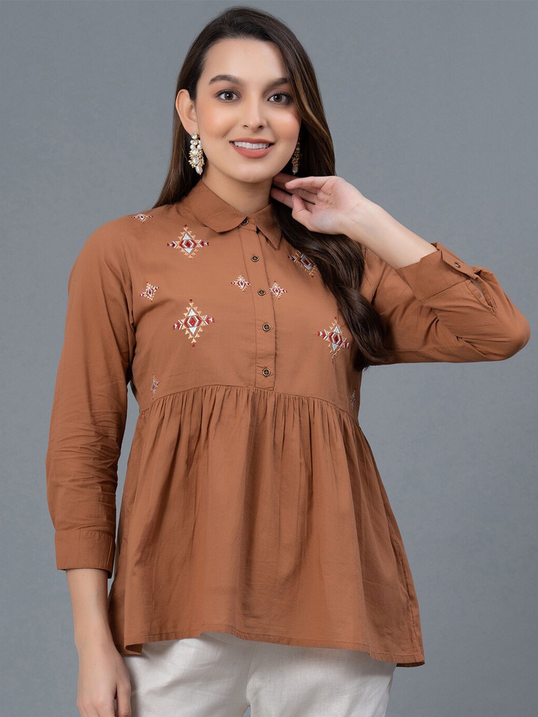 

Mode by Red Tape Floral Embroidered Shirt Collar Cuffed Sleeves Cotton Peplum Top, Brown
