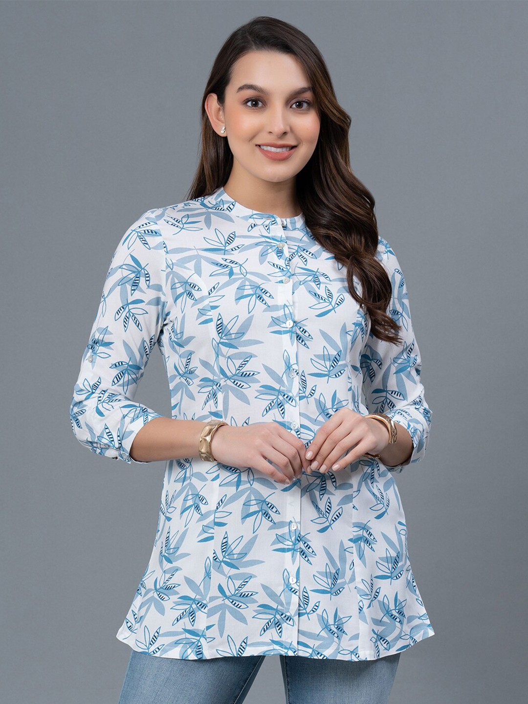 

Mode by Red Tape Light Blue Floral Printed Longline Band collar Shirt Style Top