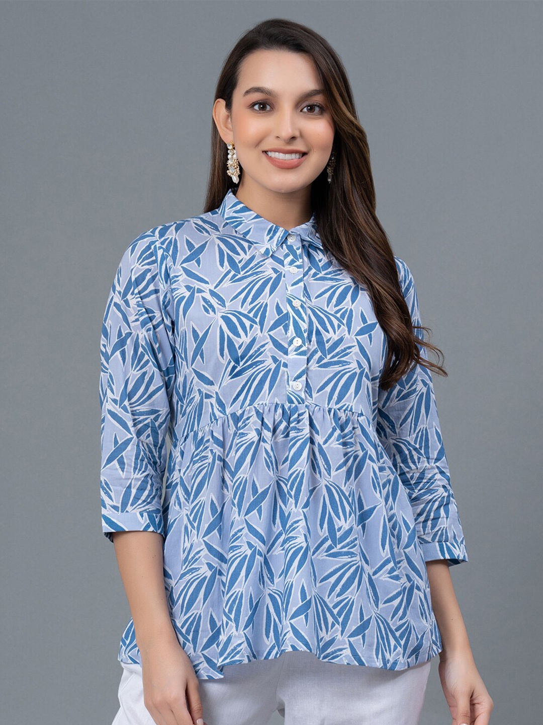 

Mode by Red Tape Floral Printed Shirt Collar Pure Cotton Peplum Top, Purple