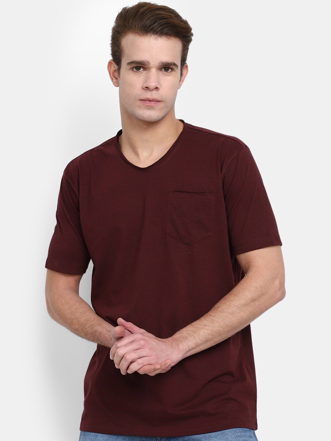 

V-Mart Short Sleeves V-Neck Slim Fit Cotton T-shirt, Burgundy