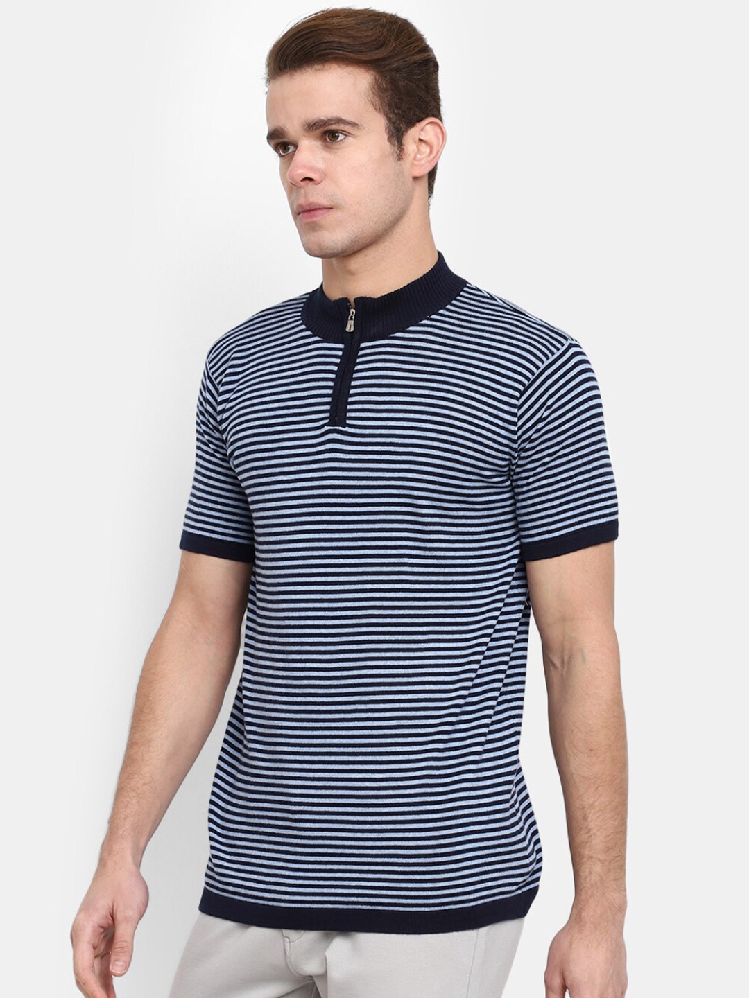 

V-Mart Striped High Neck Cotton T-shirt, Blue