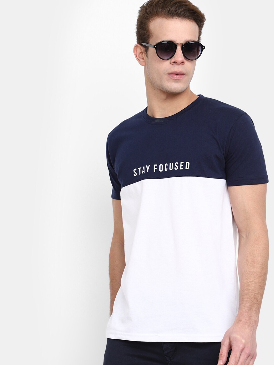 

V-Mart Colourblocked Cotton Slim Fit T-shirt, Navy blue