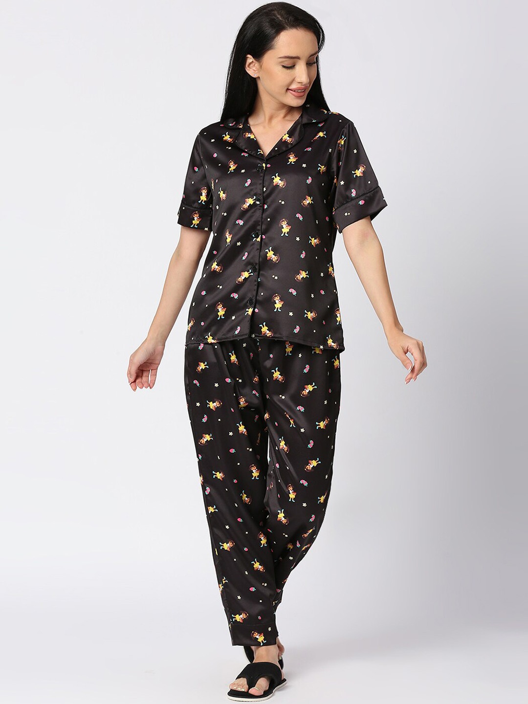 

Smarty Pants Belle Printed Satin Night Suit, Black