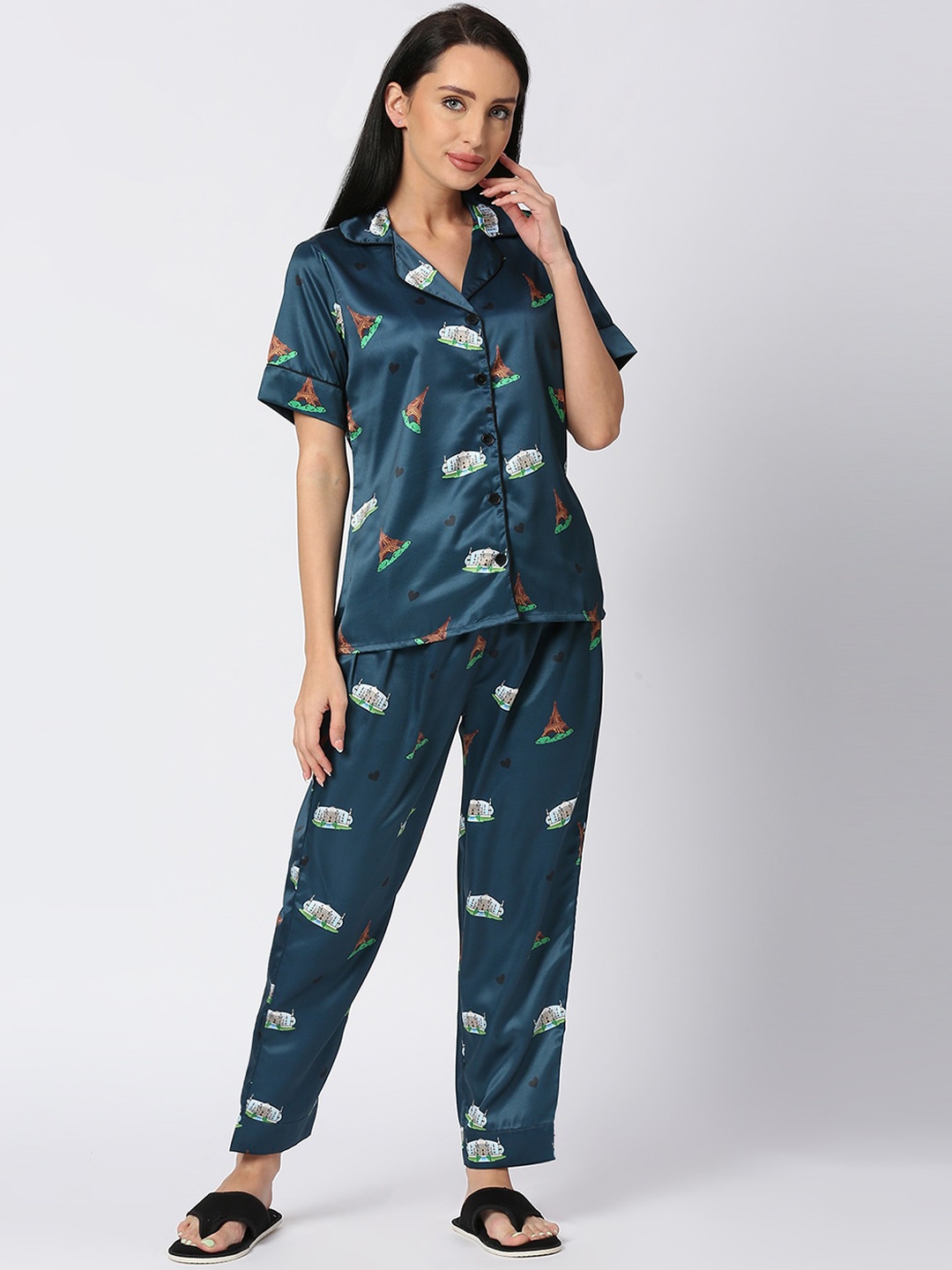 

Smarty Pants Conversational Printed Satin Night Suit, Teal