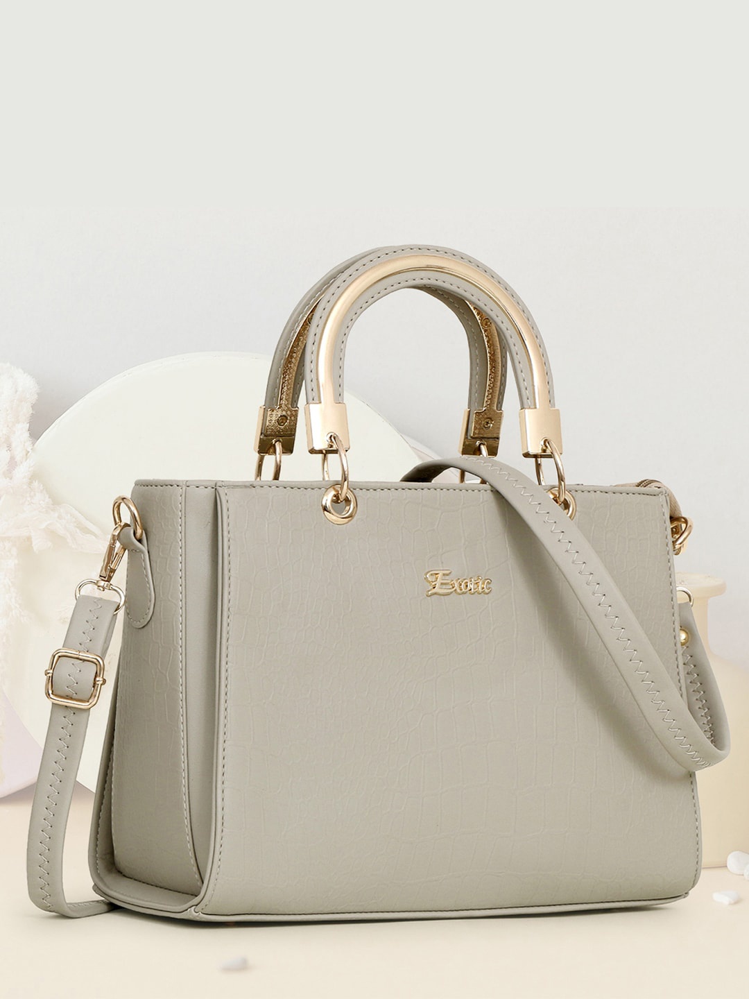 

Exotic Textured Structured Handheld Bag, Cream